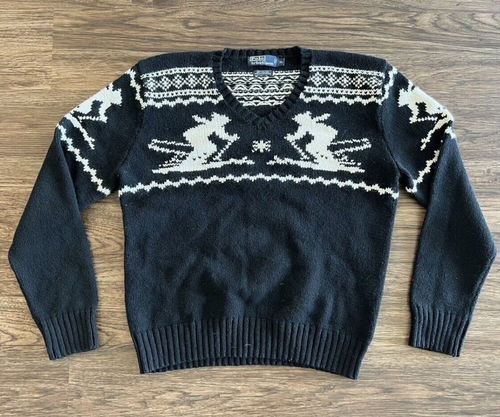 Polo Ralph Lauren Black White Apres Ski Cotton Cashmere-Angora Knit Sweater XL